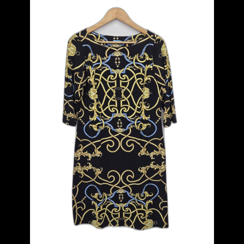 J McLaughlin Sophia Shift Dress Womens Large Black Gold Baroque Catalina Cloth